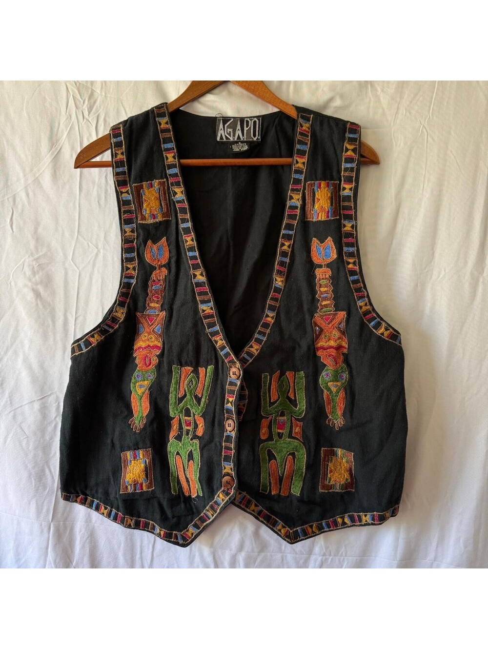 AGAPO Vest S Black Embroidered Tribal Tiki Boho Cotton Festival 90s
